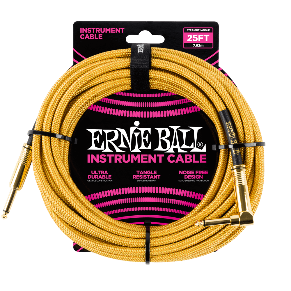 Ernie Ball 25ft Braided Straight Angle Inst Cable Gold Gold