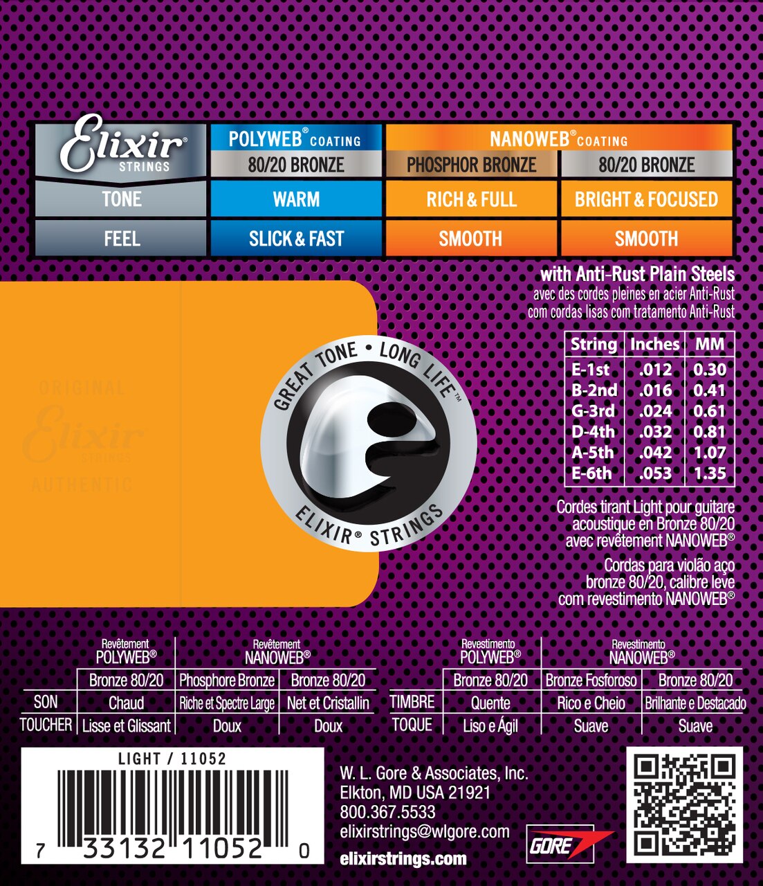 Elixir Strings 11052 Nanoweb 80/20 Acoustic Guitar Strings - .012-.053 Light 3 Pack
