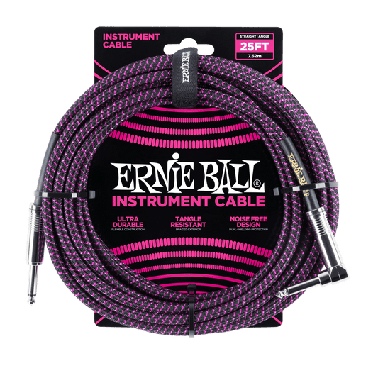 Ernie Ball 25ft Braided Straight Angle Inst Cable Black Purple