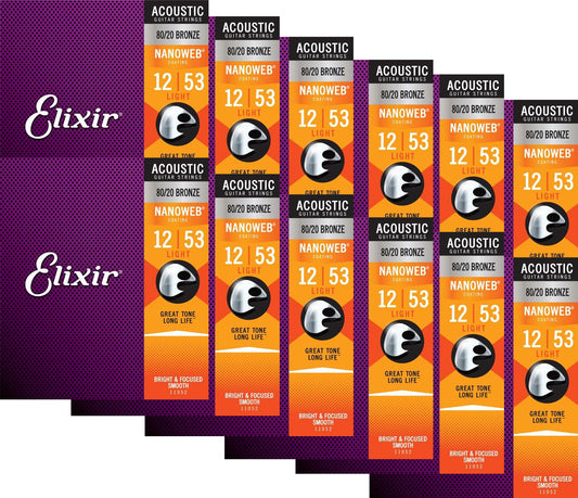 Elixir Strings 11052 Nanoweb 80/20 Acoustic Guitar Strings - .012-.053 Light 12 Pack
