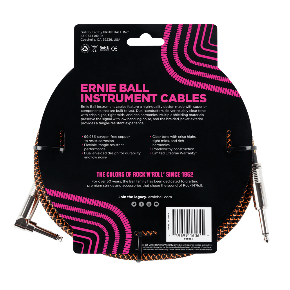 Ernie Ball 25ft Braided Straight Angle Inst Cable Black Orange 2 Pack